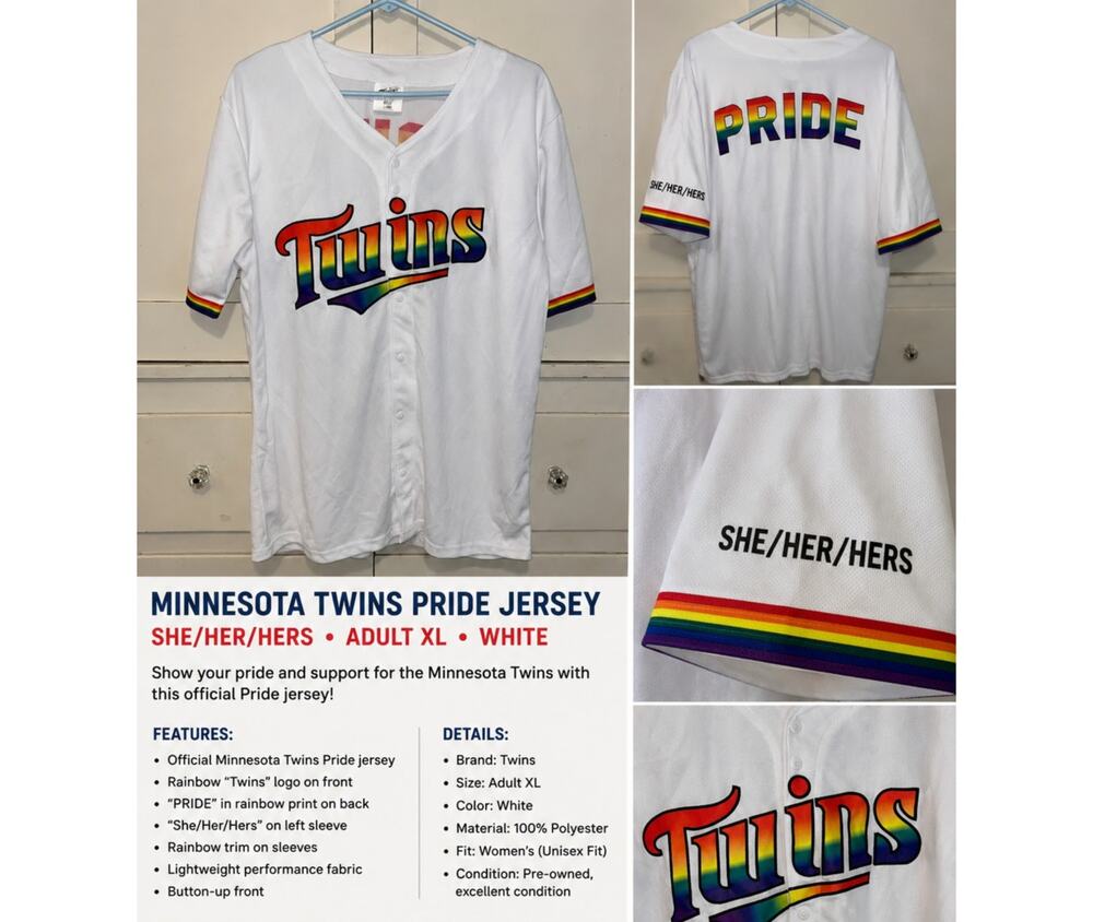 Twins Pride Rainbow Jersey Shirt She/Her/Hers Adult XL White LGBTQ Baseball